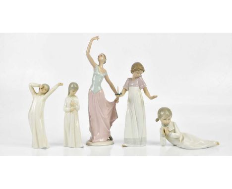 NAO; five figures including a ballerina, height 35cm, a girl holding a chamberstick, height 26cm, etc (5).Condition Report: E