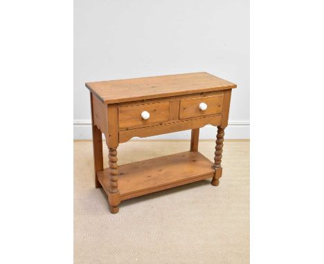 A modern pine two drawer two tier side table, height 87cm, width 101cm, depth 43cm.