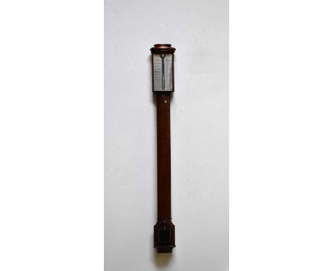 J BLATT, BRIGHTON; a mahogany bowfront stick barometer, with silvered dial, length 92cm.