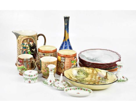 A collection of 19th century and later decorative ceramics including five Staffordshire plates, hand painted with harbour sce