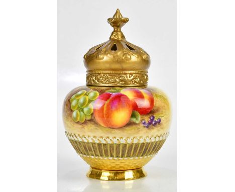 HARRY AYRTON FOR ROYAL WORCESTER; a hand painted potpourri and associated cover, painted with fruit, height 20cm.Condition Re