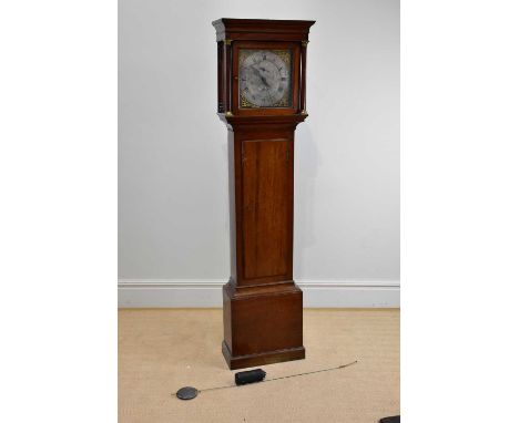 RICHARD BIGGS, ROMSEY; an 18th century thirty hour longcase clock, the silvered face chased with a galleon and cottage, the c