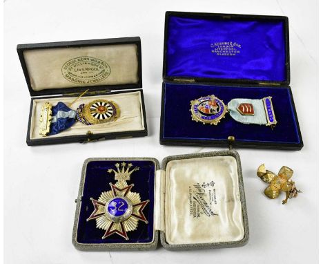 MASONIC INTEREST; a hallmarked silver and enamel Masonic Rose Croix 32nd Degree jewel, a further silver and enamel jewel and 