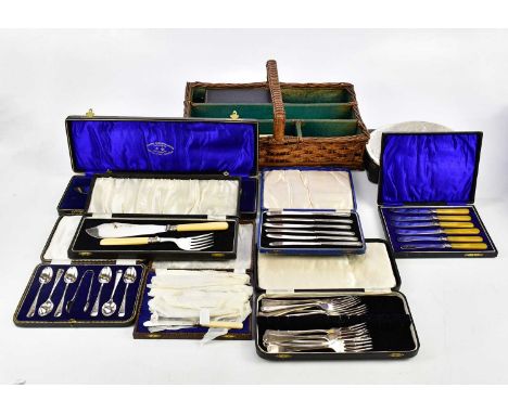 A collection of assorted silver plated cutlery, predominantly cased, a diamond cut throat razor, place mats.
