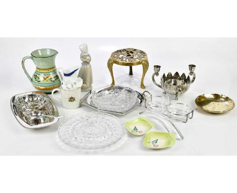 A mixed collection of decorative ceramics including a blue and white transfer jug, Nao figure, Royal commemorative mug, pair 