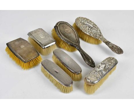 JOSEPH GLOSTER; a George V hallmarked silver brush with engine turned decoration, Birmingham 1934, and six further hallmarked