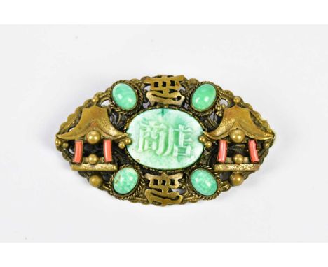 A Chinese jade and coral set base metal brooch, width 60mm (af).Condition Report: The clasp is broken and has already been re