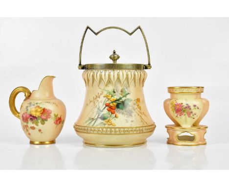ROYAL WORCESTER; a blush ivory vase on pierced stand with applied Greek key rim, height 11cm, a similar jug and biscuit barre