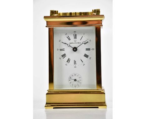 BOODLE &amp; DUNTHORNE; a French brass cased carriage clock/timepiece, the enamel dial set with Arabic and Roman numerals and