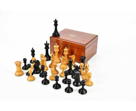 A Staunton pattern chess set in mahogany case, height of king 9.5cm, weighted. Condition Report: The chess set is not marked 