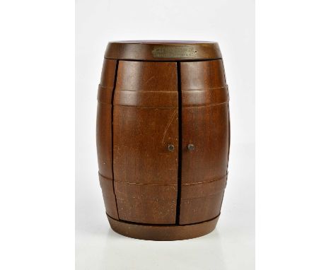GLENMORANGIE; a wooden bottle case in the form of a whisky barrel, the interior decorated with miniature wooden tools, height