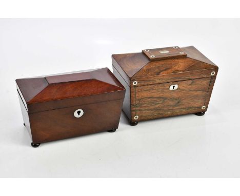 A 19th century rosewood sarcophagus shaped tea caddy with mother of pearl inlay, together with an 19th century mahogany examp