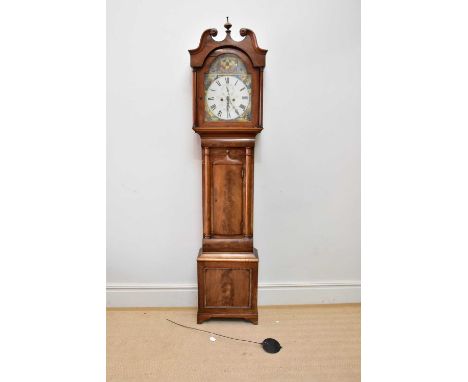 WILLIAM RUTHERFORD, HAWICK; a 19th century eight day longcase clock, the painted dial set with figures beside crest inscribed