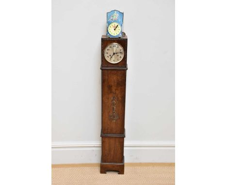 An early 20th century oak cased longcase clock of small proportions, height 120cm, and a decorative Russian wall clock (2).