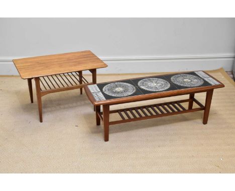 A mid century teak Long John coffee table with inset tiles, length 113cm, width 37cm, height 40cm, and a further mid century 