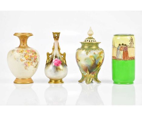ROYAL WORCESTER; a floral decorated vase and a pierced lidded vase decorated with pheasants, also a Royal Doulton Burslem war