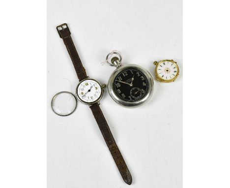 H WILLIAMSON LTD; a crown wind military cased pocket watch, the black face set with Arabic numerals and subsidiary seconds di