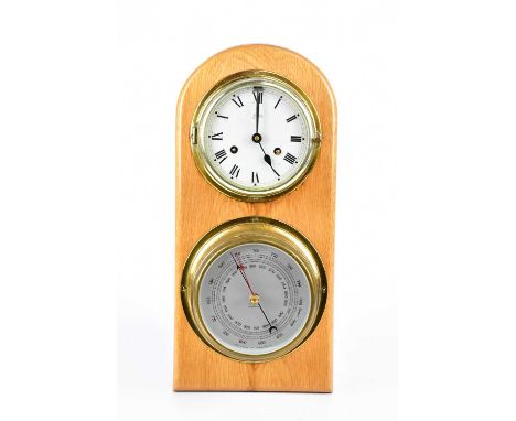SCHATZ; a lacquered brass bulkhead type timepiece with Roman numeral dial, diameter of bezel 15cm, with a Short & Mason barom