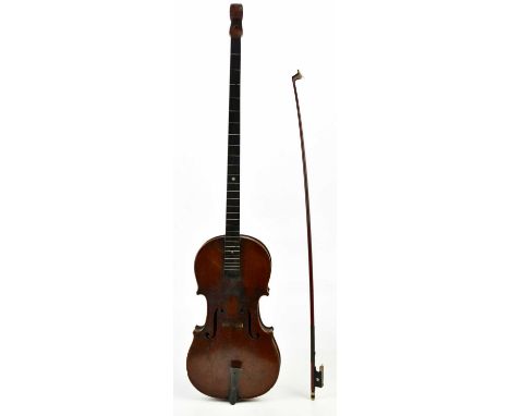 An unusual violin with long fretted fingerboard, the main body with one-piece back measuring 36cm, unlabelled, overall length