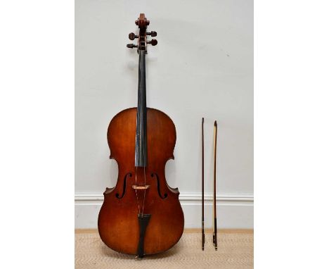 A full size German violoncello with two-piece back, length 75cm, unlabelled, with a silver mounted cello bow stamped 'Albin H