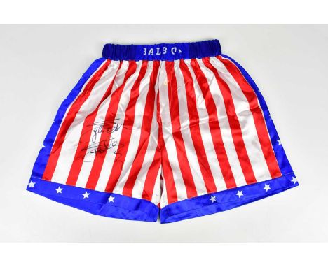 SYLVESTER STALLONE (ROCKY BALBOA); a pair of signed 'Stars and Stripes' shorts.Condition Report: Creasing and light general w