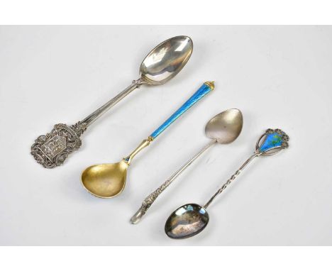 CHARLES ROWBOTHAM; an Edward VII hallmarked silver and enamel spoon, the handle decorated with four open flowers and green/bl