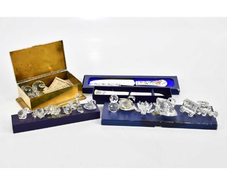 SWAROVSKI; a collection of crystal animals and figures, similar examples, brass box, Royal Worcester cake knife, and similar 