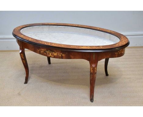 A modern Italian simulated inlaid bejouterie table on sabre legs, length 118cm, depth 65cm, height 53cm. 