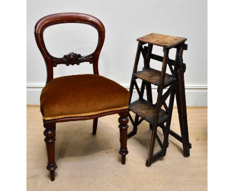 A set of vintage step ladders, height 73cm, stamped 'The Hatherley Patent Lattistep' and a Victorian balloon back chair (2).