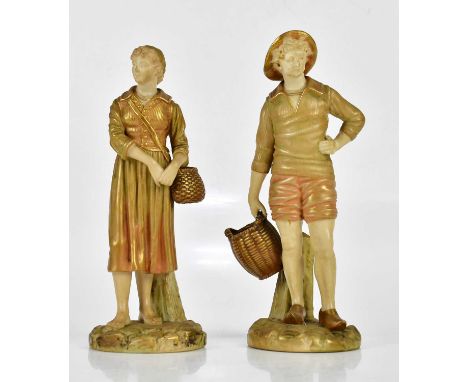 ROYAL WORCESTER; a pair of gilded blush ivory figures, a Dutch boy and girl holding baskets, factory marks and numbered 1202 