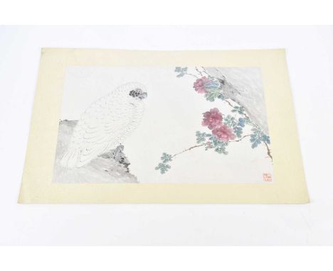 20TH CENTURY CHINESE SCHOOL; watercolour, study of a bird beside blossom, red seal mark lower right and red wax seal mark ver