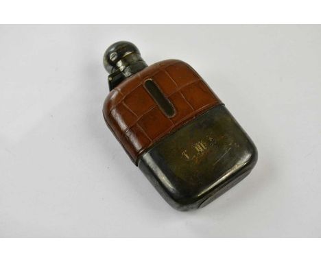 JAMES DIXON &amp; SONS; a George V hallmarked silver mounted and crocodile skin effect hip flask, with engraved initials 'CMS