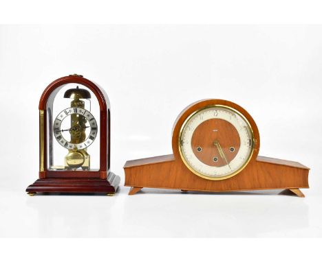 SMITHS; a mid century teak mantel clock set with silvered dial and Arabic numerals, together with a reproduction anniversary 