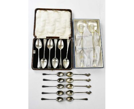 A set of six Georgian hallmarked silver teaspoons in later case, also a set of six coffee spoons, a set of four sterling 'Lin