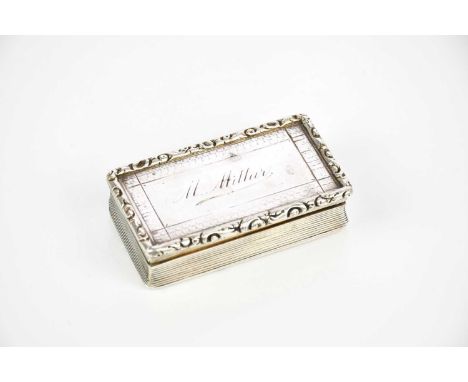 FRANCIS CLARK; a Georgian hallmarked silver snuff box inscribed 'M. Millen', Birmingham 1834, approx weight 2.55ozt/79.2g.