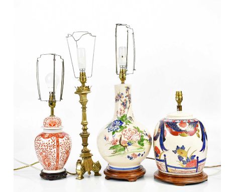 Four decorative table lamps including a brass example, crackle glazed example, etc, height of largest 65cm(4).Condition Repor