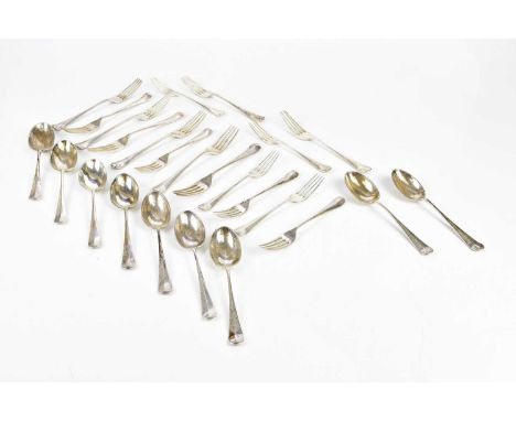 FINNIGANS LTD; a George V part set of Old English pattern and rat tail flatware, stamped Sheffield 1927, comprising nine dess