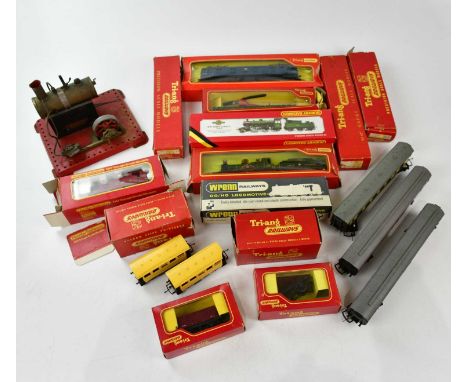 A collection of rolling stock and railway items including Tri-ang etc, also a steam engine.