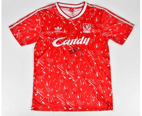 KENNY DALGLISH; a signed Liverpool retro style football shirt, signed to the front, size L.Condition Report: Creasing and lig