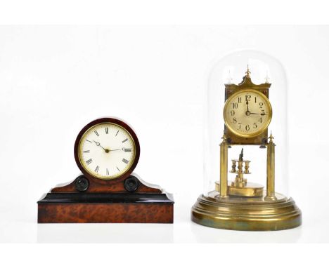 A Victorian ebonised and walnut drum timepiece, the dial set with Roman numerals, height 17.5cm, and a brass anniversary cloc