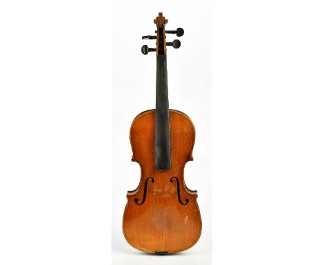 A full size German violin with one-piece back length 35.5cm, unlabelled, cased.Condition Report: Cracks to table, surface wea