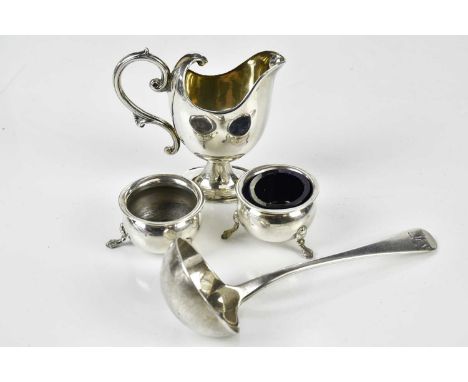 WILLIAM OLIVER; a late Victorian hallmarked silver jug, Chester 1900, height 9cm, with two salts and an 18th century sauce la