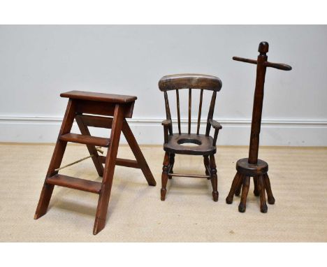 A vintage set of pine step ladders and a child's elm seated commode chair, also a wash dolly (3).