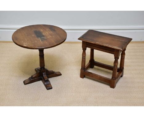 A reproduction oak joint stool and a reproduction oak circular topped coffee table, height 50cm, diameter 50cm(2).