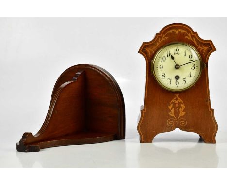 An Edwardian inlaid mahogany mantel clock with dial set with Arabic numerals, height 26cm, and a Muirhead, Moffat &amp; Co An