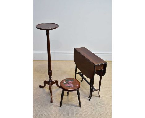 An Edwardian inlaid mahogany Sutherland table, a reproduction mahogany jardinière stand, height 107cm, and a painted stool (3