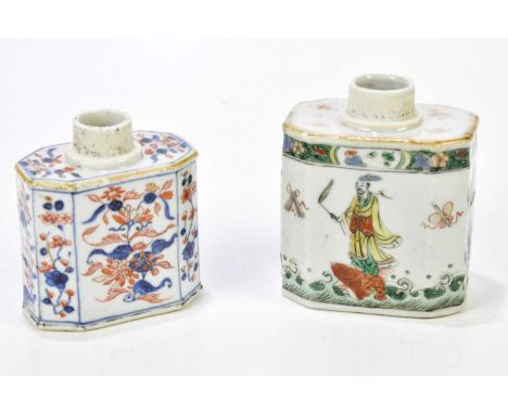 A circa 1800 Chinese Famille Verte tea caddy decorated with figures, height 10cm, and a circa 1800 Chinese Export Imari tea c