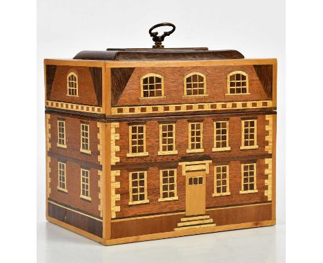 A modern inlaid fruitwood tea caddy formed as a Georgian house, the hinged cover enclosing two compartments, width 20cm, dept