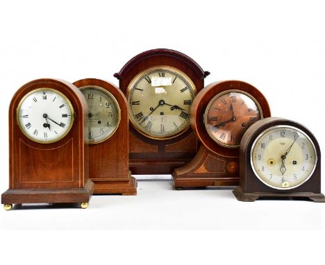 An Edwardian mahogany cased bracket clock, with two train movement striking on five straight gongs, height 39cm, with three f