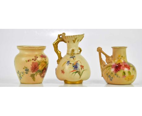 ROYAL WORCESTER; three pieces of blush ivory including a ewer with tree effect handle, numbered 1507, height 11cm (3).Conditi
